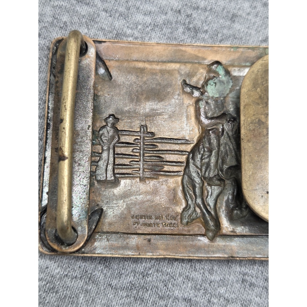 Vintage Justin Belt Co Bronco Rodeo Solid Brass Cowboy Western Belt Buckle Texas - Picture 4 of 5